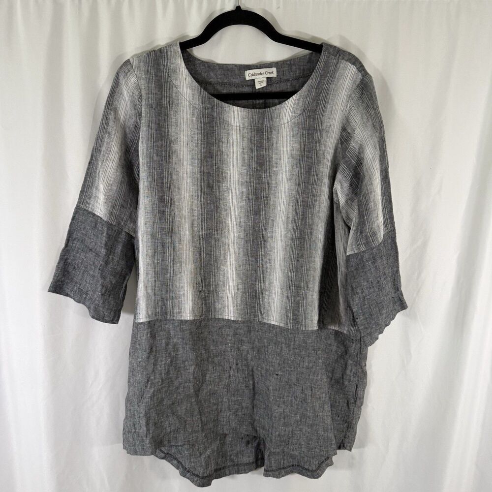 Coldwater Creek 100% Linen Blouse Women Small Grey Striped 3/4 Sleeve Round Neck
